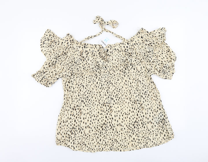 PEP&CO Womens Beige Geometric Viscose Basic Blouse Size 14 Halter - Bardot