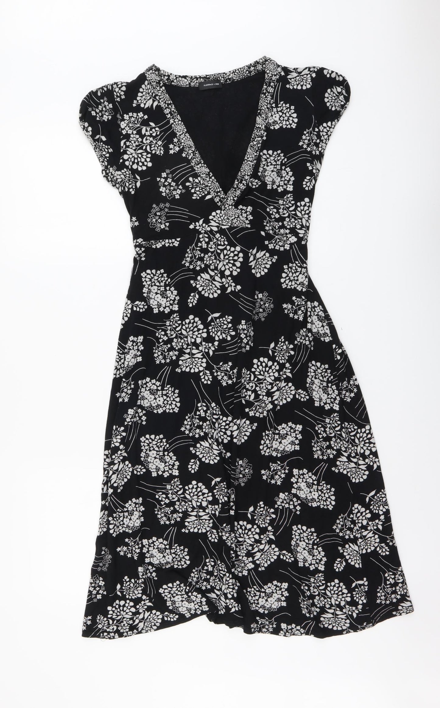 F&F Womens Black Floral Viscose Fit & Flare Size 14 V-Neck Pullover