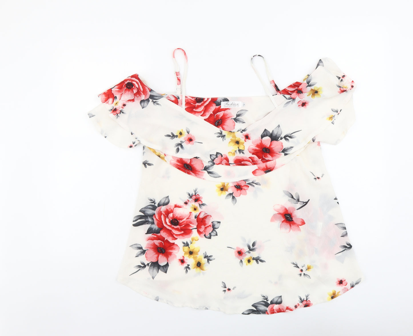 Fashion Collection Womens White Floral Polyester Basic Blouse Size L Scoop Neck