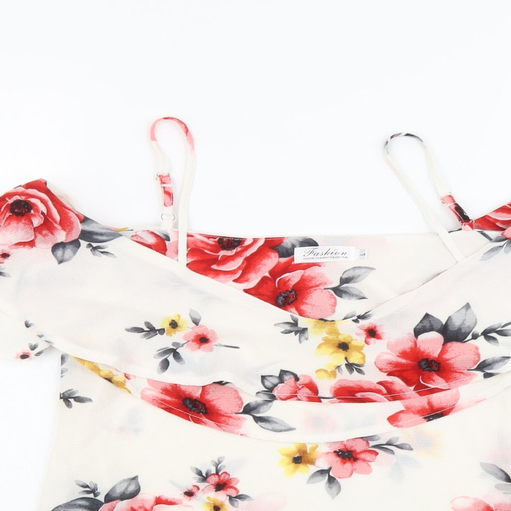 Fashion Collection Womens White Floral Polyester Basic Blouse Size L Scoop Neck