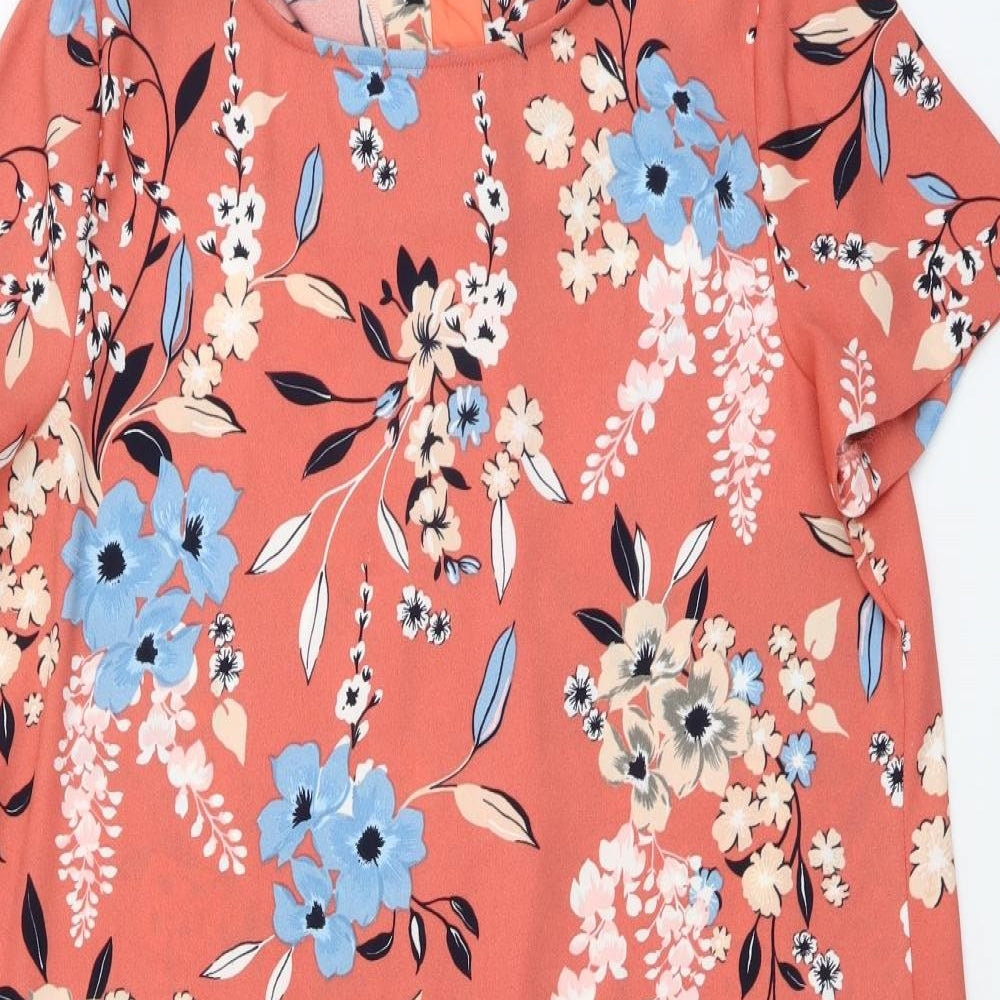 Marks and Spencer Womens Orange Floral Polyester A-Line Size 16 Round Neck Zip