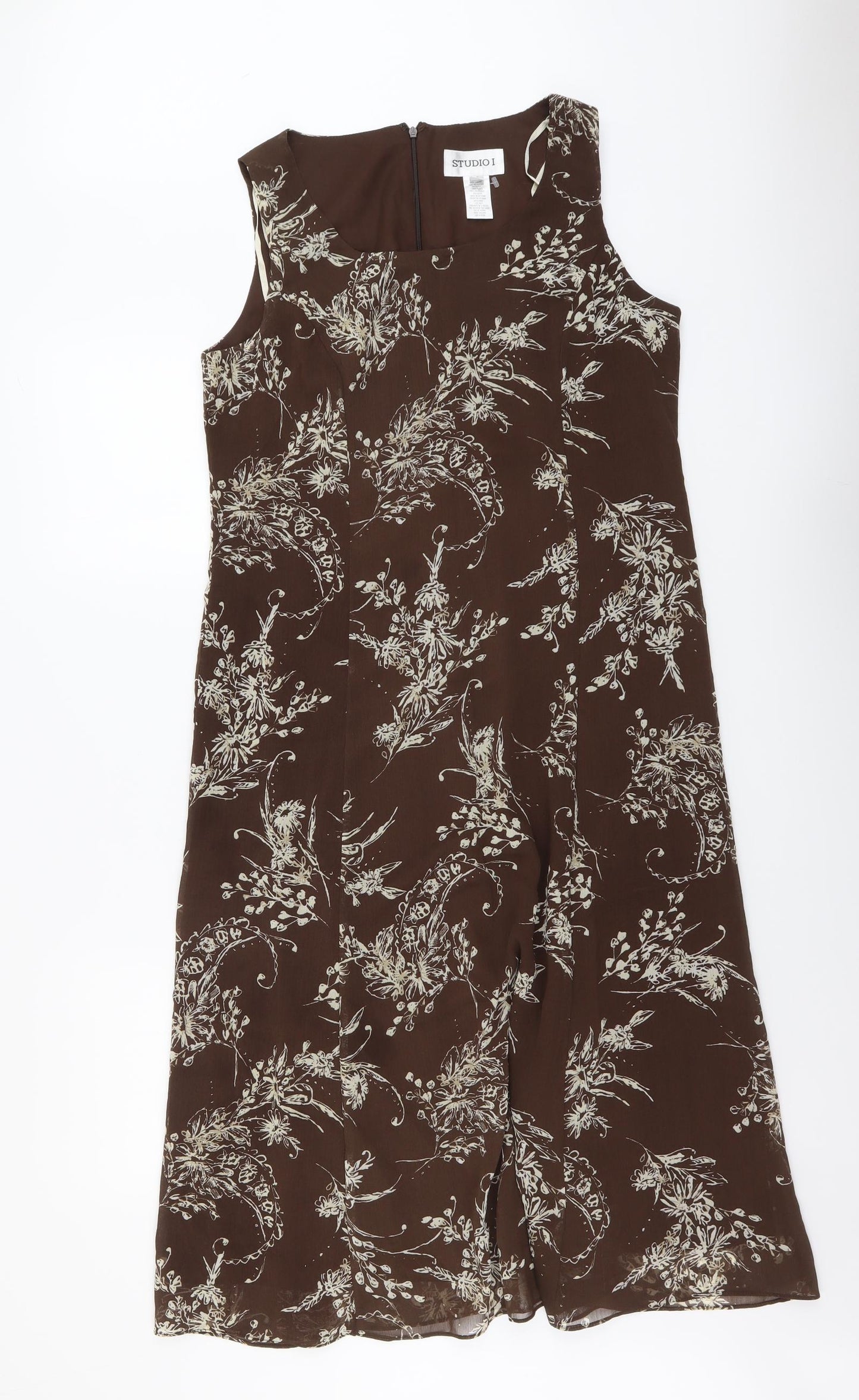 Studio Womens Brown Floral Polyester Trapeze & Swing Size 12 Round Neck Zip
