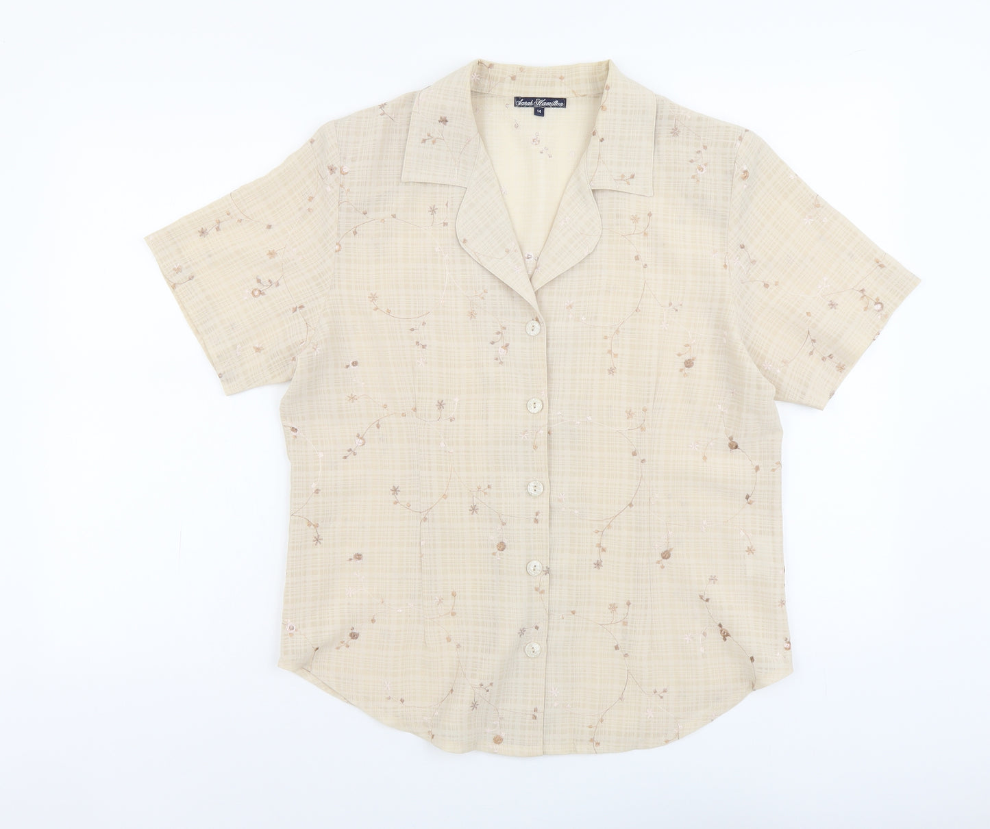 Sarah Hamilton Womens Beige Floral Polyester Basic Button-Up Size 14 Collared