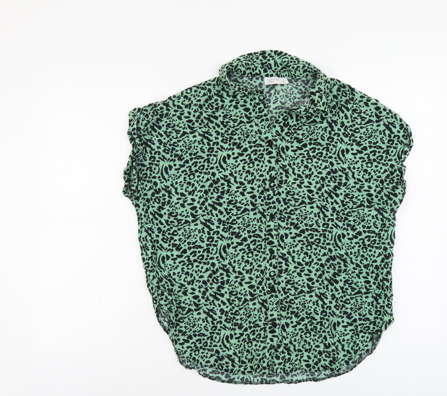 Papaya Womens Green Animal Print Viscose Basic Button-Up Size 12 Collared - Leopard Pattern