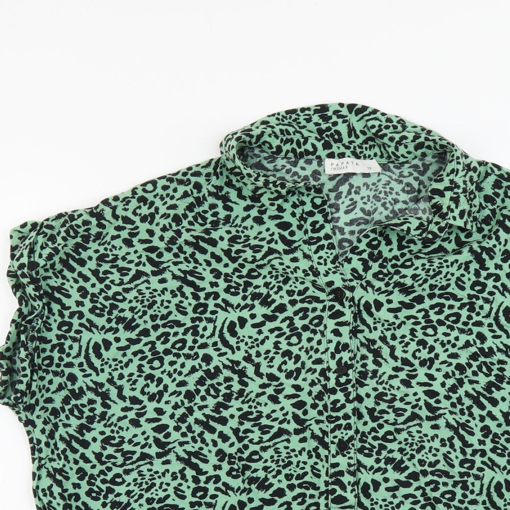 Papaya Womens Green Animal Print Viscose Basic Button-Up Size 12 Collared - Leopard Pattern
