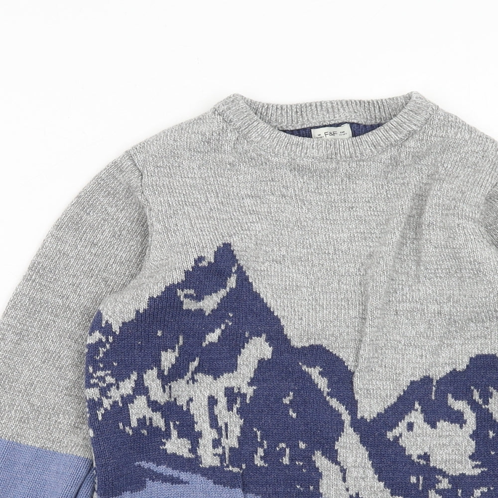 F&F Boys Grey Round Neck Acrylic Pullover Jumper Size 11-12 Years Pullover