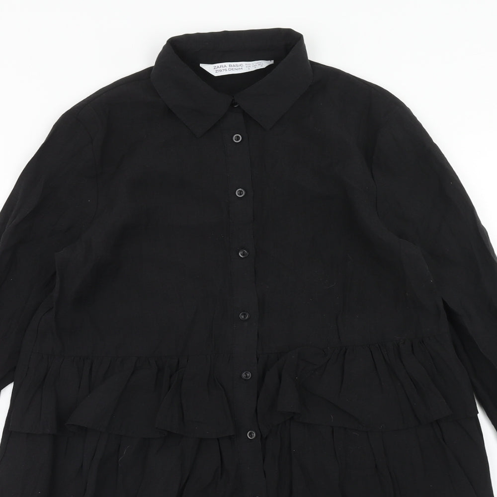 Zara Womens Black Cotton Shirt Dress Size S Collared Button
