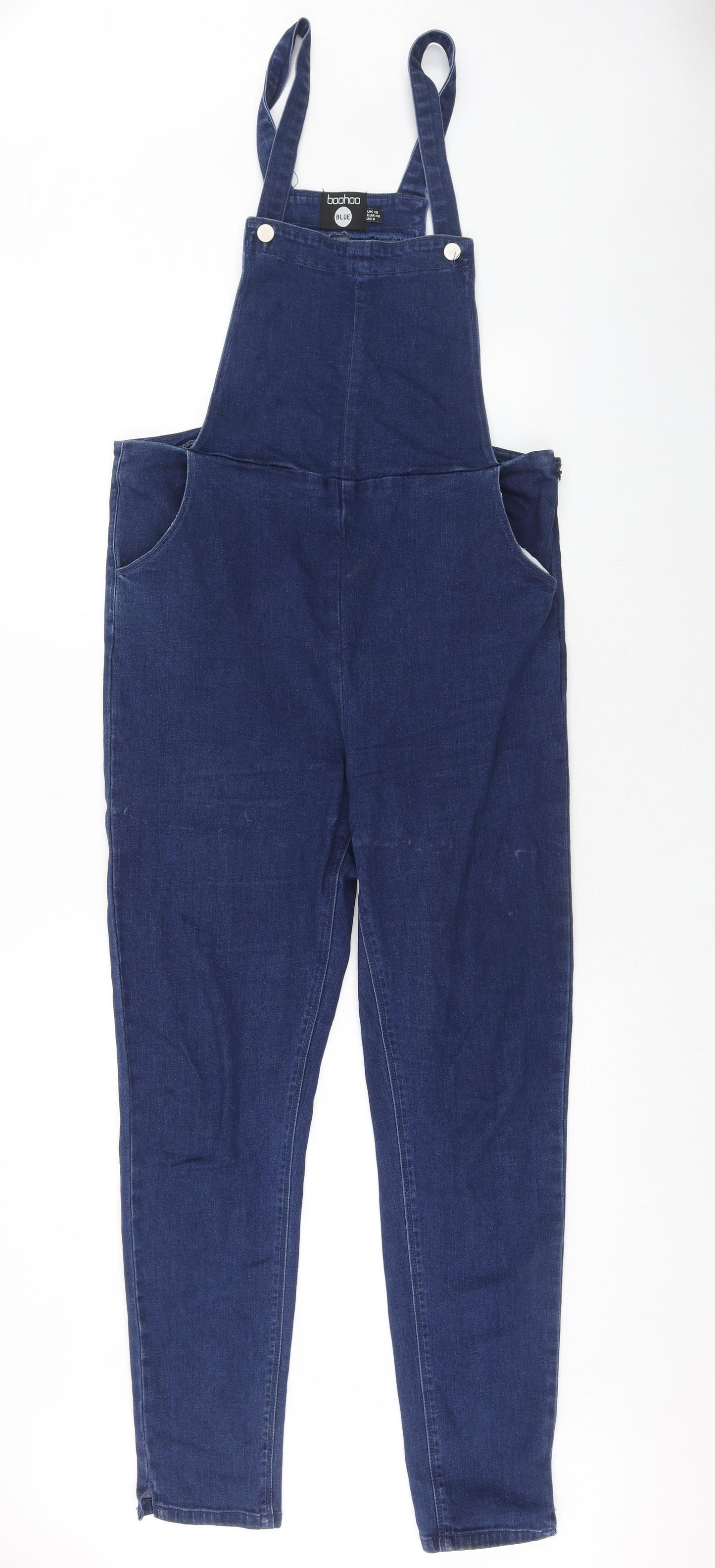 Boohoo Womens Blue Cotton Dungaree One-Piece Size 12 Button