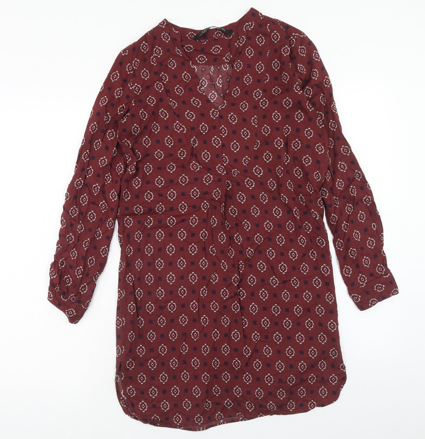Zara Womens Red Geometric Viscose Kaftan Size S V-Neck Pullover