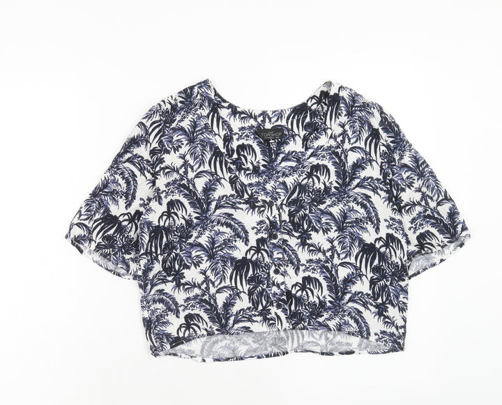 Topshop Womens Blue Geometric Viscose Basic Button-Up Size 6 V-Neck
