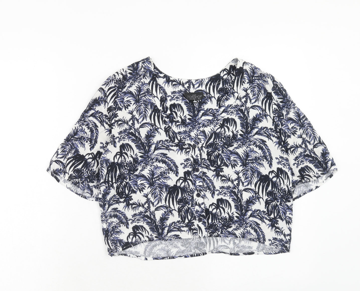 Topshop Womens Blue Geometric Viscose Basic Button-Up Size 6 V-Neck