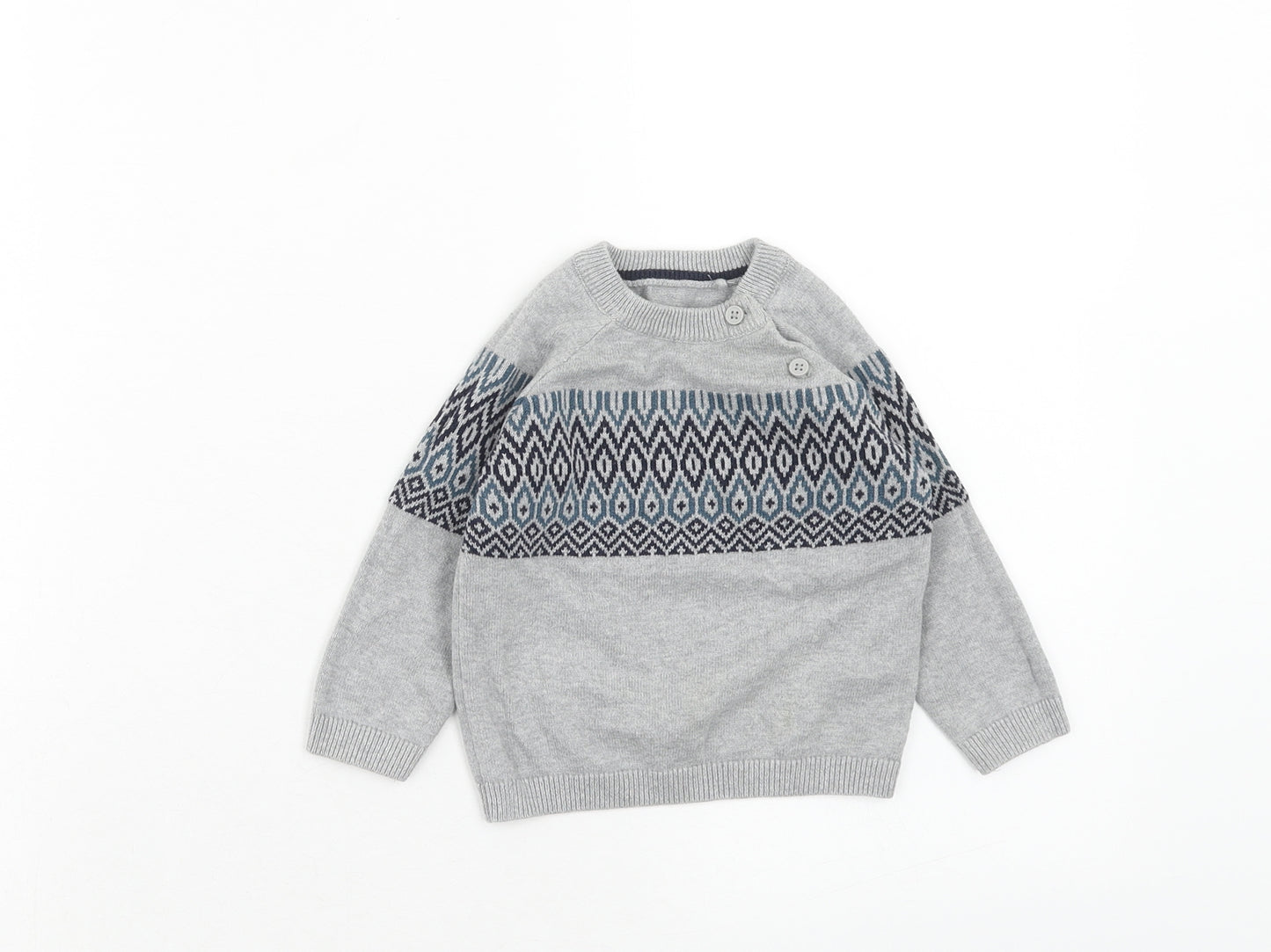 TU Boys Grey Cotton Pullover Jumper Size 6-9 Months Button