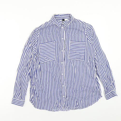 H&M Womens Blue Striped Viscose Basic Blouse Size 6 V-Neck