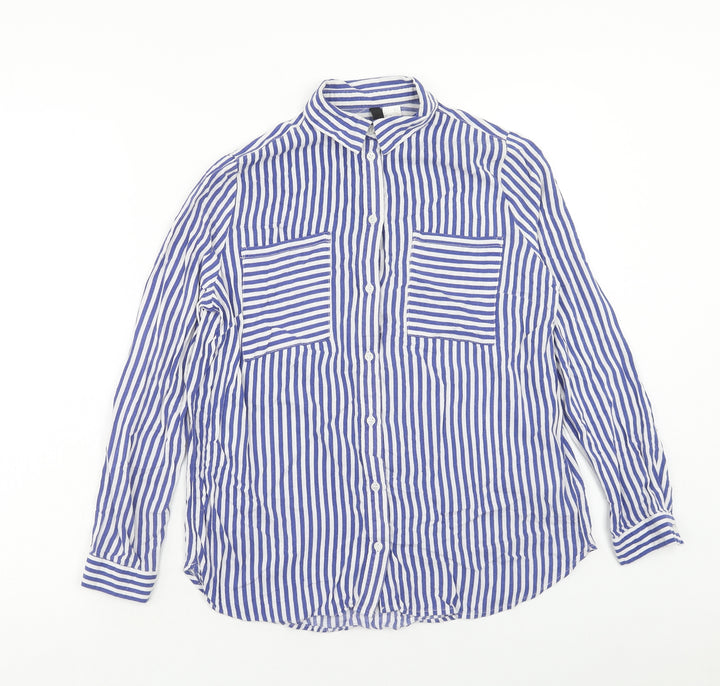 H&M Womens Blue Striped Viscose Basic Blouse Size 6 V-Neck