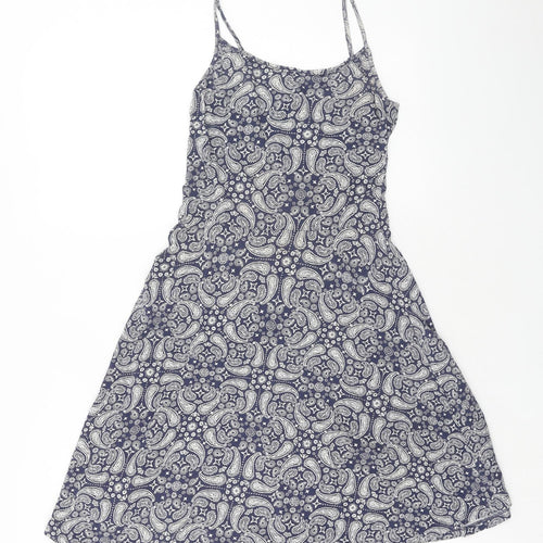 H&M Womens Blue Geometric Viscose Fit & Flare Size XS Scoop Neck Pullover