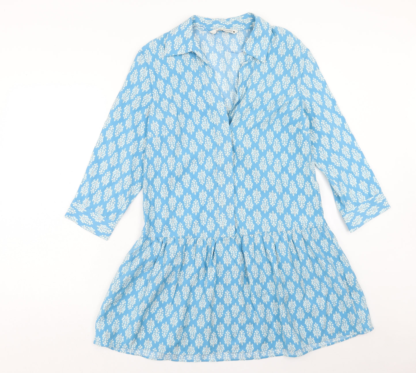 Zara Womens Blue Geometric Modal Shirt Dress Size M Collared Button