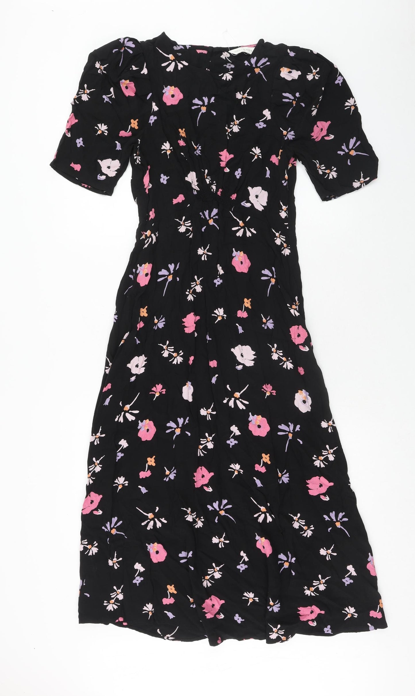 Marks and Spencer Womens Black Floral Viscose Trapeze & Swing Size 10 Round Neck Button