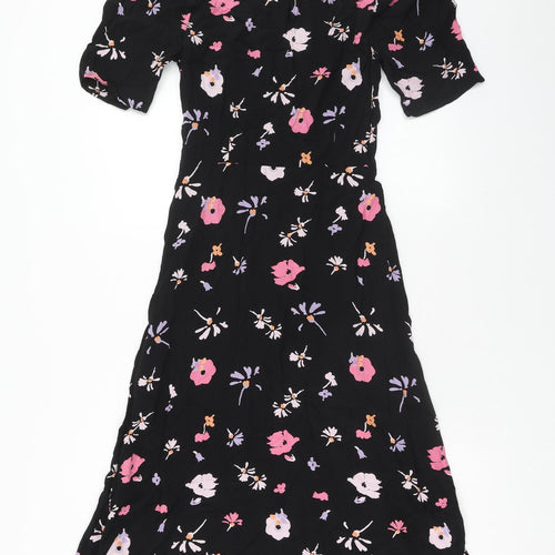 Marks and Spencer Womens Black Floral Viscose Trapeze & Swing Size 10 Round Neck Button