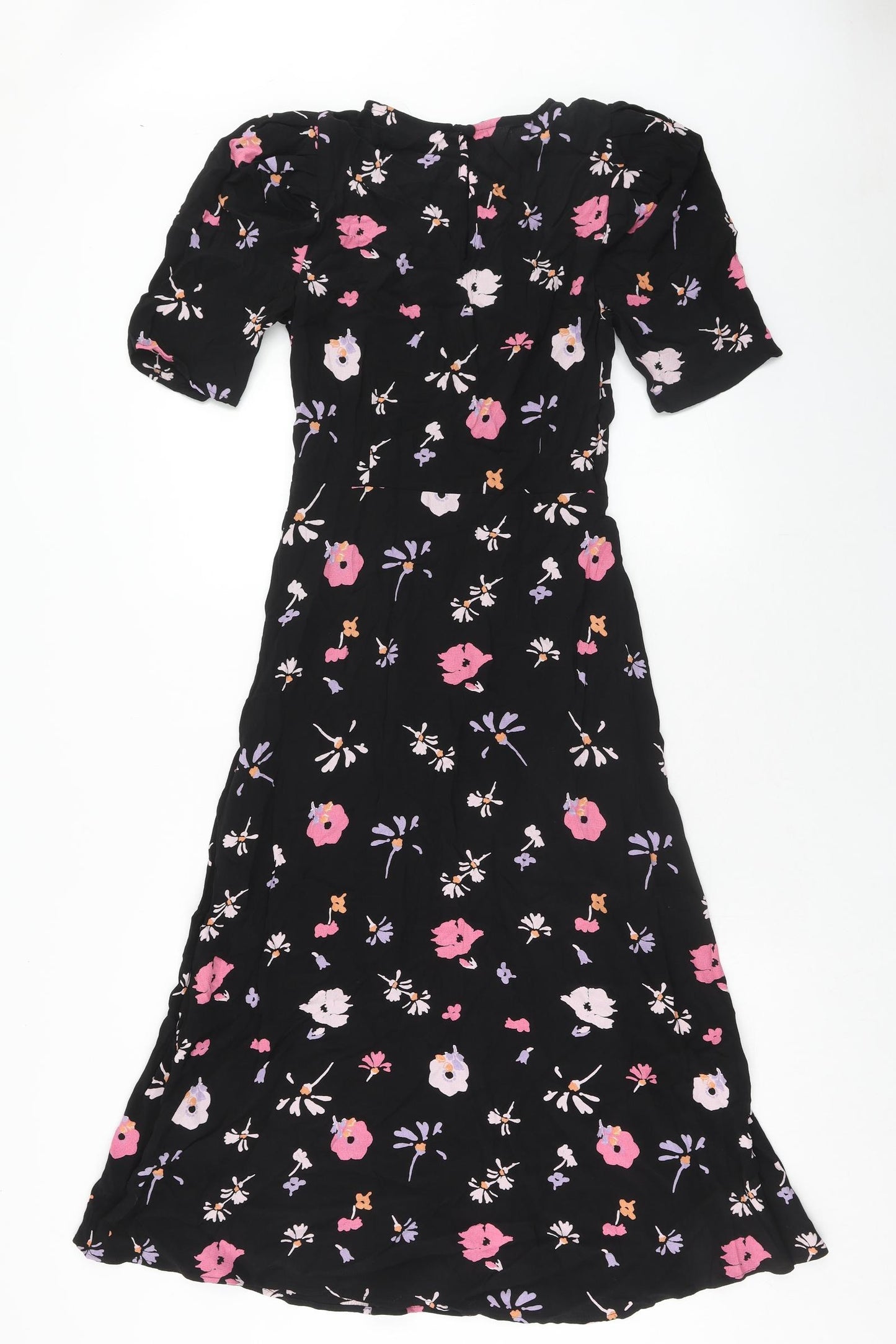 Marks and Spencer Womens Black Floral Viscose Trapeze & Swing Size 10 Round Neck Button