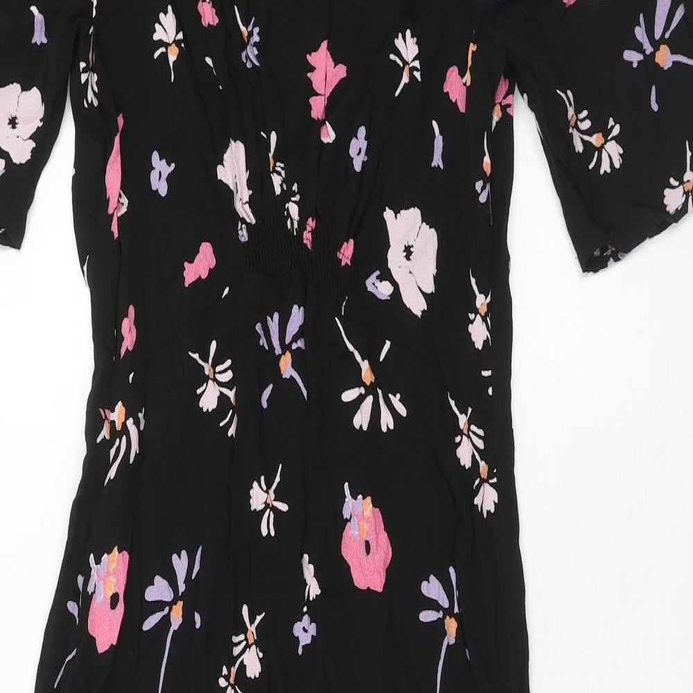 Marks and Spencer Womens Black Floral Viscose Trapeze & Swing Size 10 Round Neck Button