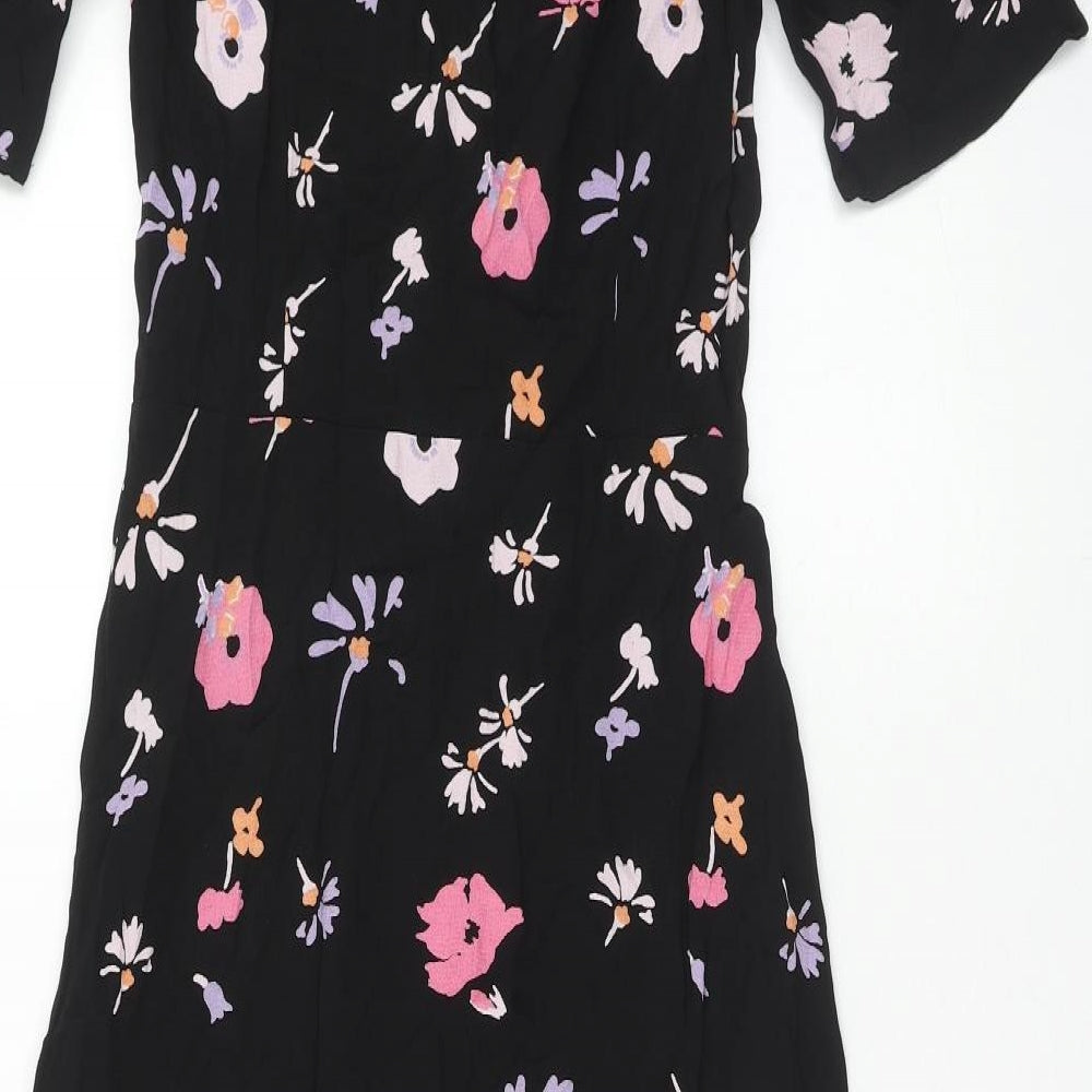 Marks and Spencer Womens Black Floral Viscose Trapeze & Swing Size 10 Round Neck Button