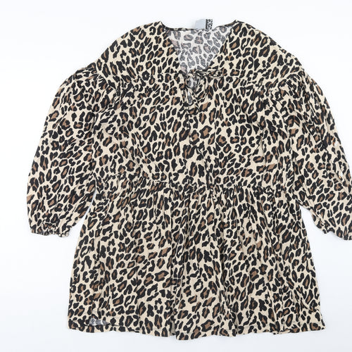 ASOS Womens Brown Animal Print Cotton Fit & Flare Size 10 V-Neck Pullover - Leopard Pattern