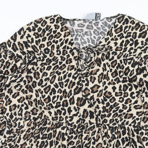 ASOS Womens Brown Animal Print Cotton Fit & Flare Size 10 V-Neck Pullover - Leopard Pattern