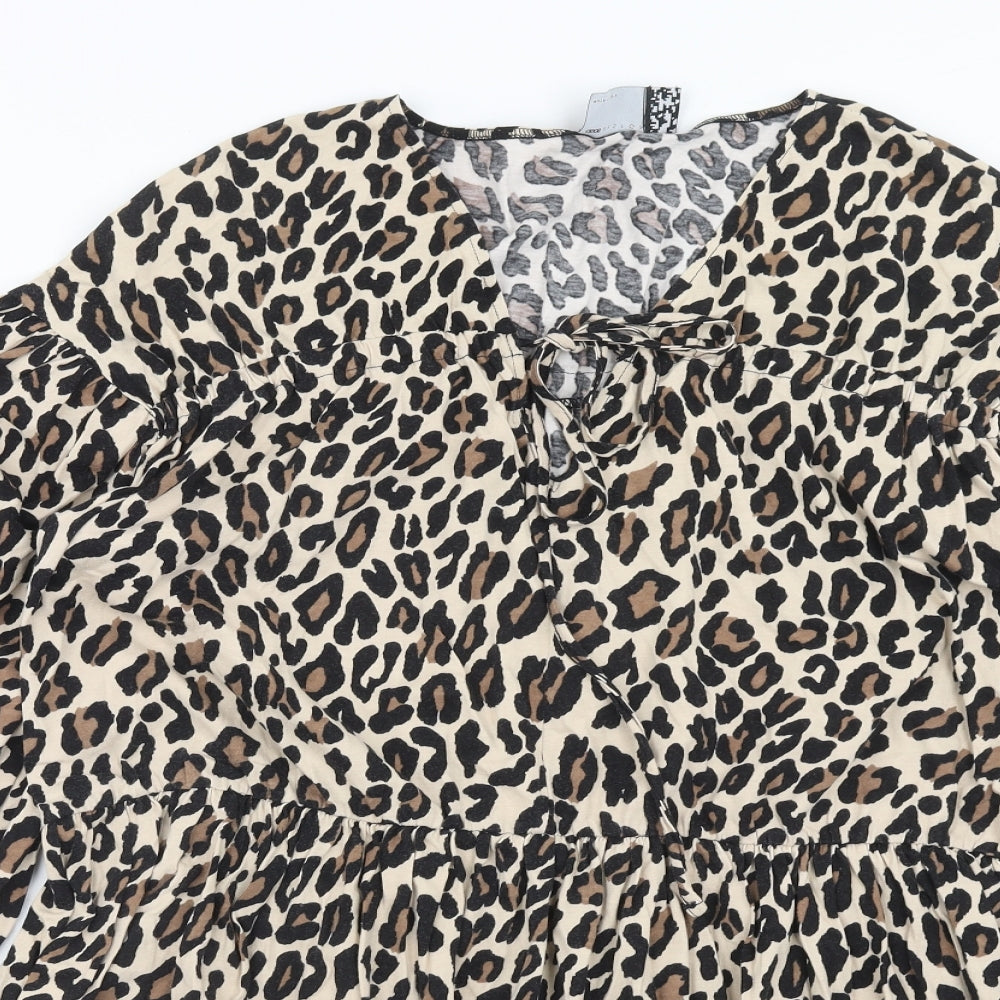 ASOS Womens Brown Animal Print Cotton Fit & Flare Size 10 V-Neck Pullover - Leopard Pattern