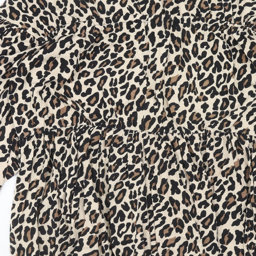 ASOS Womens Brown Animal Print Cotton Fit & Flare Size 10 V-Neck Pullover - Leopard Pattern
