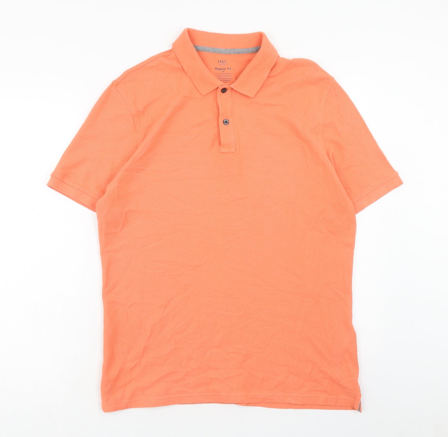 Marks and Spencer Mens Orange Cotton Polo Size M Collared Button