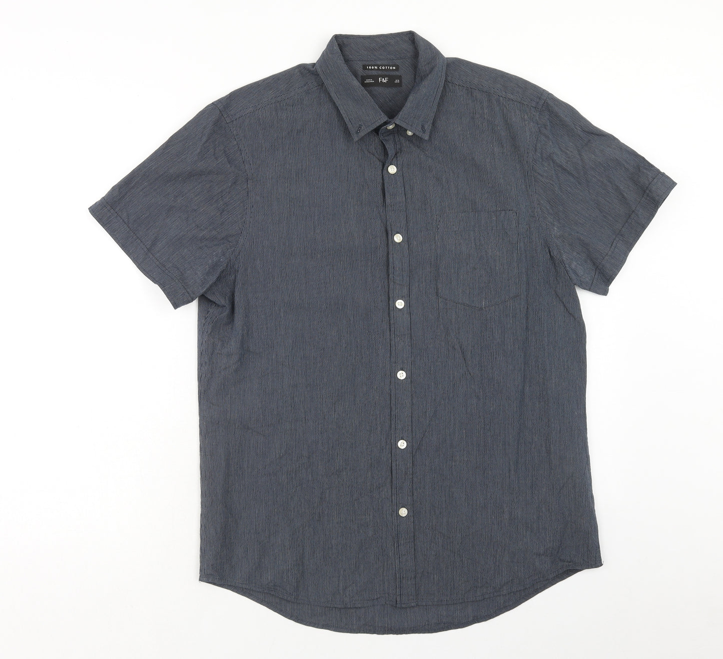 F&F Mens Blue Striped Cotton Button-Up Size M Collared Button