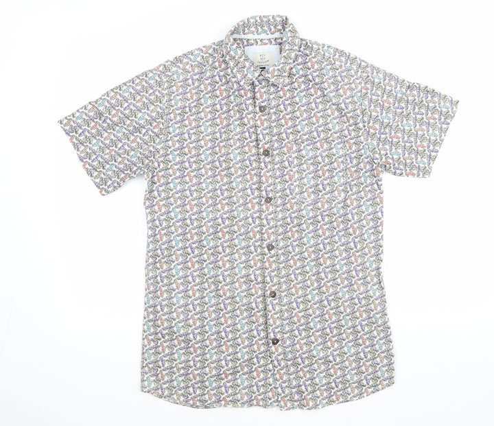 BCL London Mens White Geometric Cotton Button-Up Size S Collared Button - Car Print