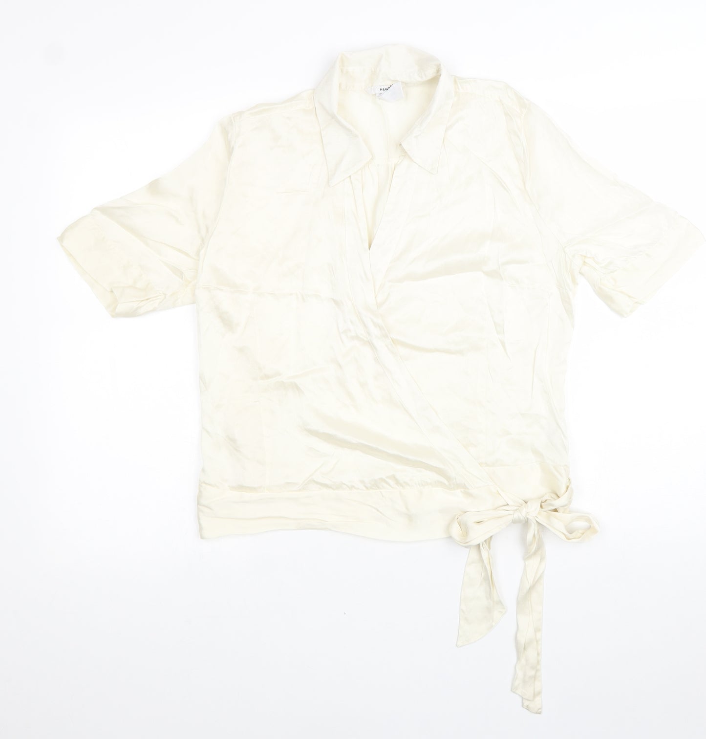 H&M Womens White Silk Basic Blouse Size 12 Collared - Knot Front