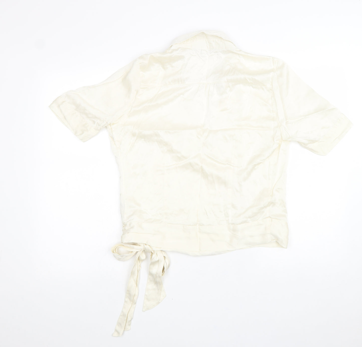 H&M Womens White Silk Basic Blouse Size 12 Collared - Knot Front