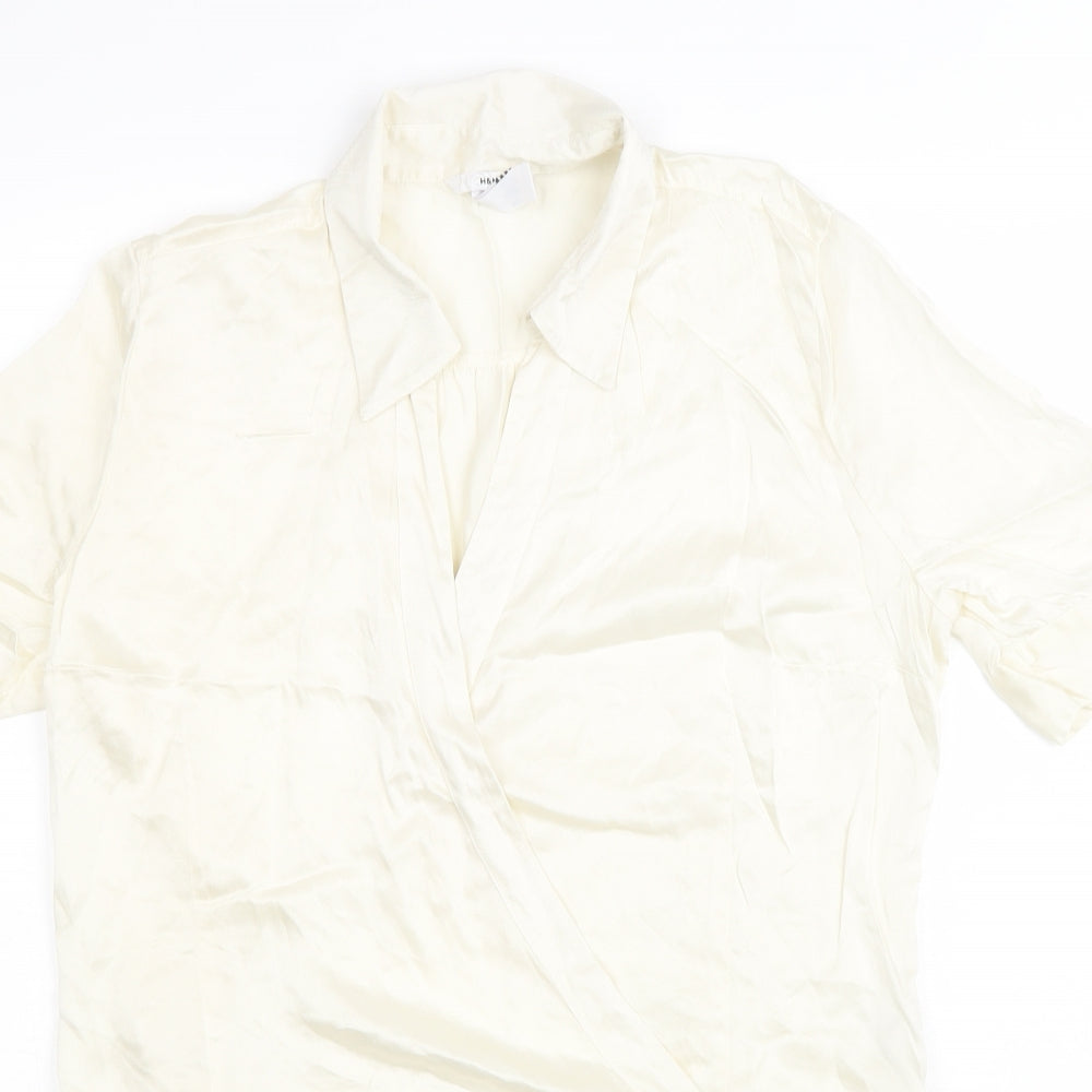 H&M Womens White Silk Basic Blouse Size 12 Collared - Knot Front