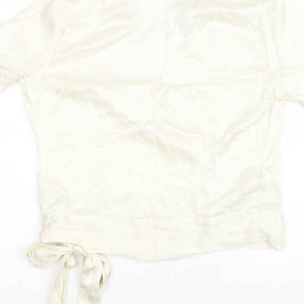 H&M Womens White Silk Basic Blouse Size 12 Collared - Knot Front