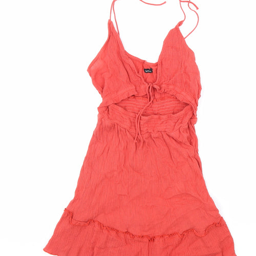 Boohoo Womens Red 100% Cotton A-Line Size L V-Neck Tie