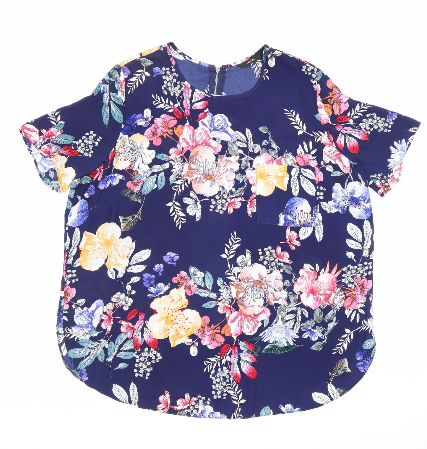 George Womens Blue Floral Polyester Basic Blouse Size 18 Round Neck