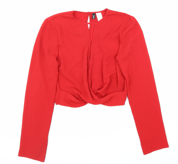 Divided Womens Red Polyester Basic Blouse Size 6 Round Neck - Keyhole Front