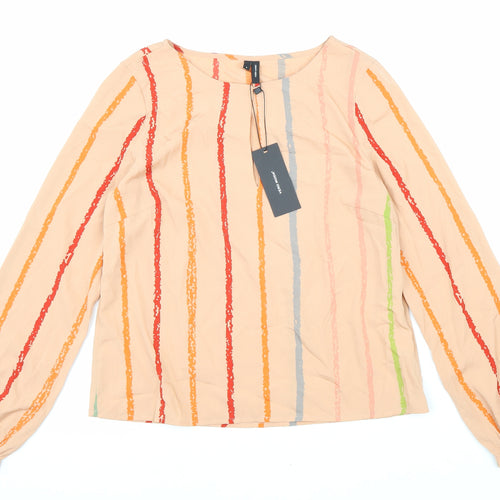 VERO MODA Womens Beige Striped Polyester Basic Blouse Size S Round Neck