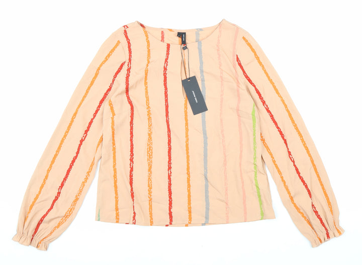 VERO MODA Womens Beige Striped Polyester Basic Blouse Size S Round Neck