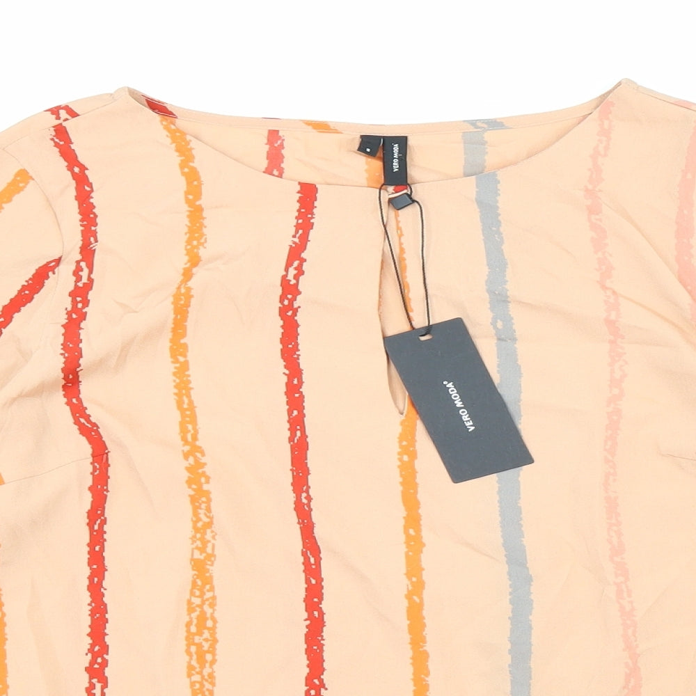 VERO MODA Womens Beige Striped Polyester Basic Blouse Size S Round Neck