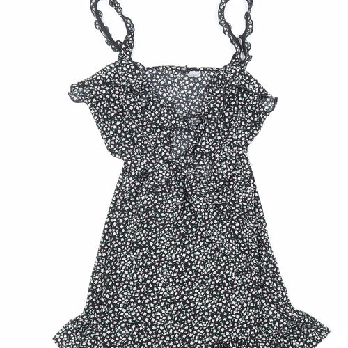 Divided Womens Black Floral Polyester Trapeze & Swing Size 12 V-Neck Pullover