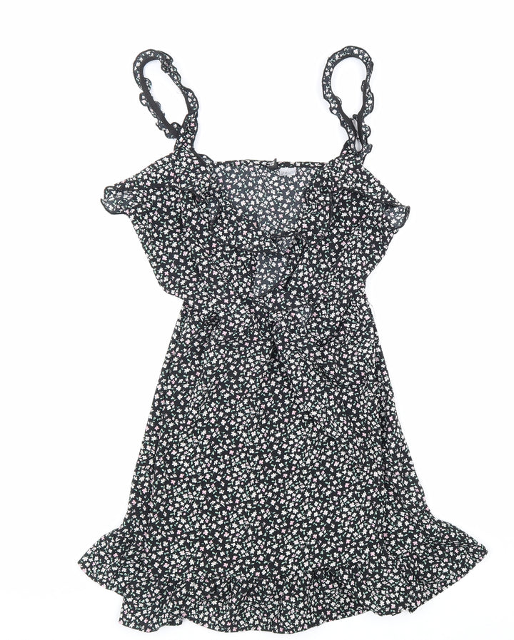 Divided Womens Black Floral Polyester Trapeze & Swing Size 12 V-Neck Pullover