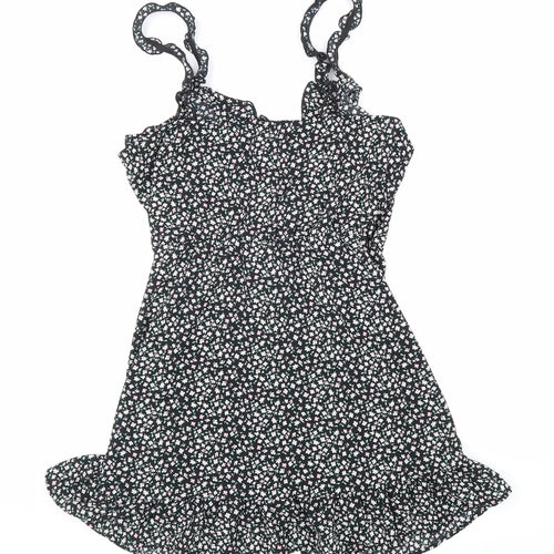 Divided Womens Black Floral Polyester Trapeze & Swing Size 12 V-Neck Pullover