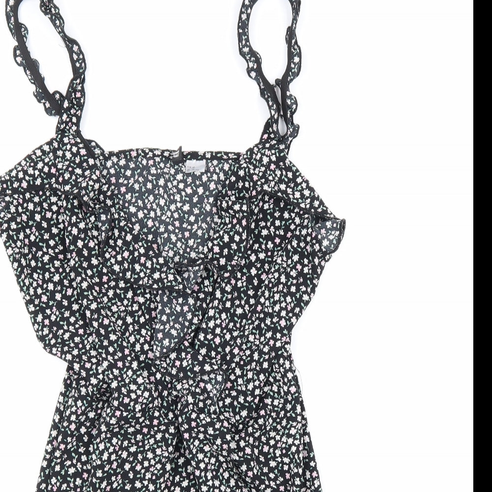 Divided Womens Black Floral Polyester Trapeze & Swing Size 12 V-Neck Pullover