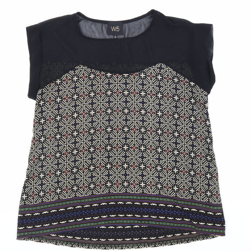 W5 Womens Black Geometric Polyester Basic Blouse Size S Boat Neck - Chiffon Detail