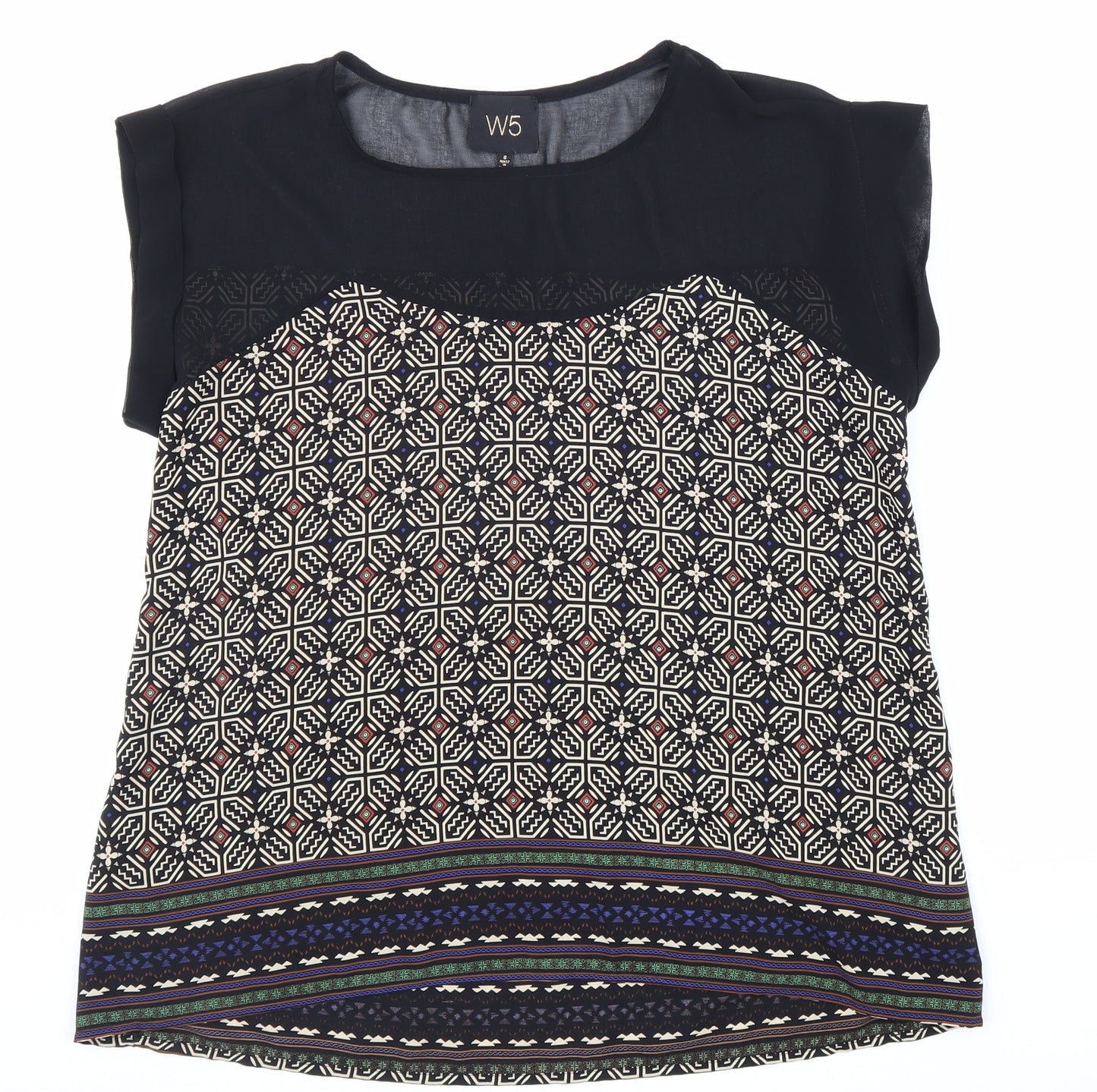 W5 Womens Black Geometric Polyester Basic Blouse Size S Boat Neck - Chiffon Detail