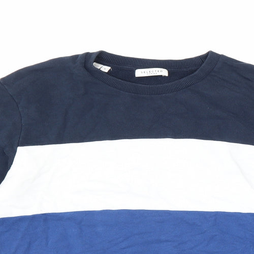 Selected Mens Blue Striped Cotton Pullover Sweatshirt Size M