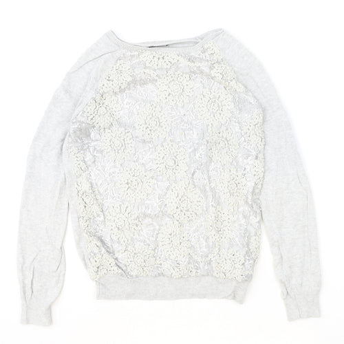 F&F Womens Grey Boat Neck Floral Cotton Pullover Jumper Size 12 - Lace Detail
